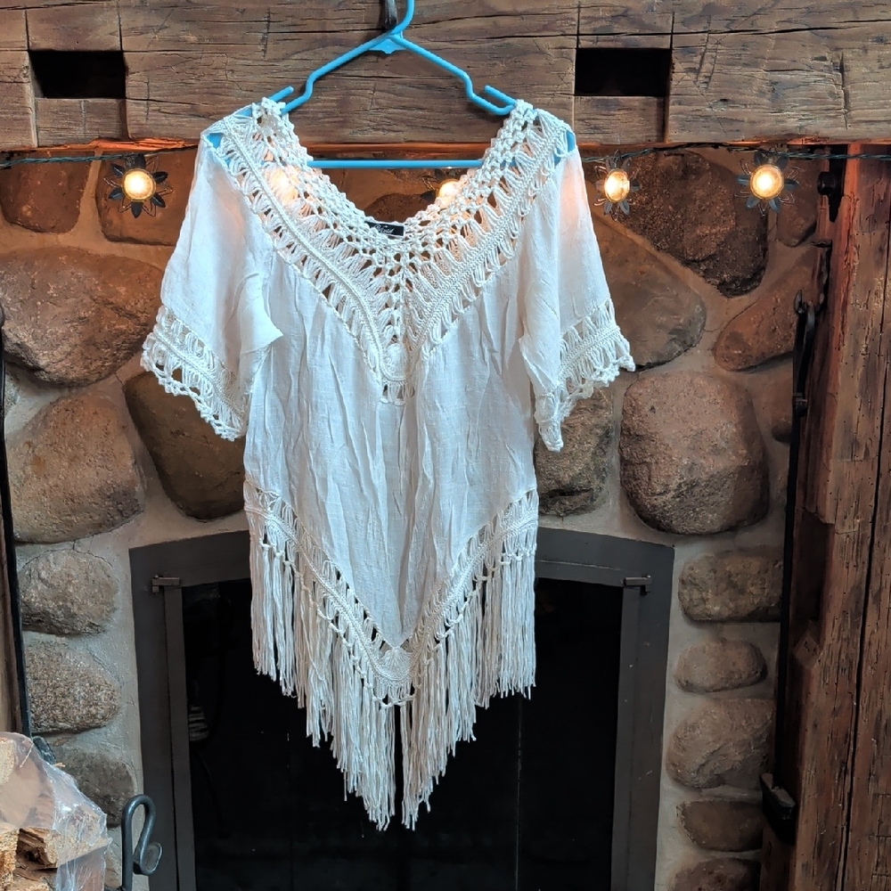 ViVI Cream Crochet Fringe Beach Coverup